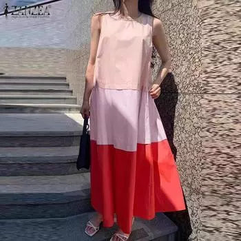 ZANZEA Женское модное платье свободного покроя с круглым вырезом без рукавов в стиле колор-блок XL жёлтый