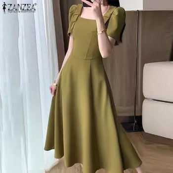 ZANZEA женское модное платье трапециевидной формы с квадратным вырезом и короткими рукавами