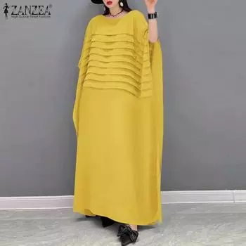 ZANZEA женское модное плиссированное многослойное однотонное свободное платье с круглым вырезом и рукавами 3/4