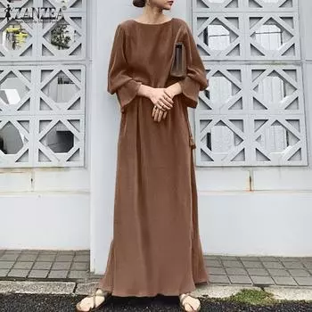 ZANZEA Женское модное свободное длинное платье макси с расклешенными рукавами и раздельным подолом 4XL чёрный