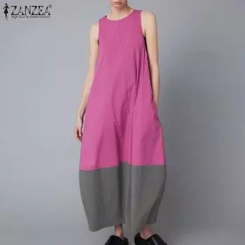 ZANZEA Женское модное платье с круглым вырезом без рукавов в стиле колор-блок L темно-розовый