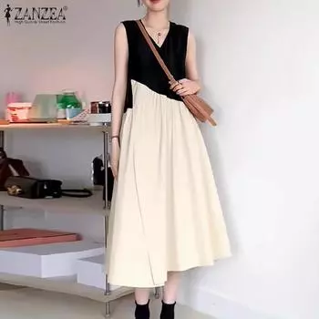 ZANZEA Женское модное платье свободного покроя с V-образным вырезом и без рукавов в стиле колор-блок XL хаки