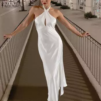 ZANZEA Женское модное вечернее платье без рукавов с открытыми плечами и халтер-воротником XL белый