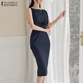 ZANZEA Женское однотонное хип-платье без рукавов с воротником-бато