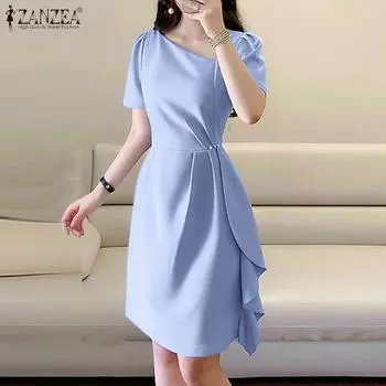 ZANZEA женское однотонное платье с асимметричным воротником-буфом и коротким рукавом на талии, плиссированное украшение с жемчужными рюшами 4XL синий