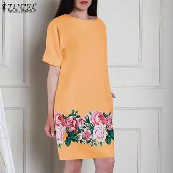 ZANZEA Женское однотонное свободное короткое платье О-образной формы с круглым вырезом и короткими рукавами с принтом
