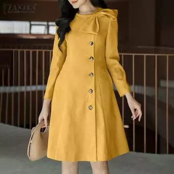 ZANZEA женское однотонное свободное платье с круглым вырезом, длинными рукавами, бантом и открытой планкой на пуговицах S чёрный