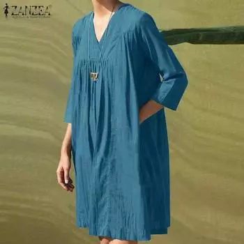 ZANZEA женское однотонное свободное прямое платье с V-образным вырезом и рукавами 3/4