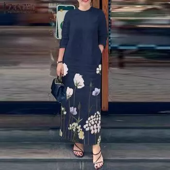 ZANZEA Женское Осеннее Платье Прямого Типа С Круглым Вырезом и Рукавом 3/4 С Принтом S жёлтый