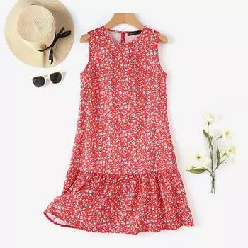 ZANZEA Женское платье без рукавов с круглым вырезом, праздничное, с цветочным принтом, с оборкой по подолу L