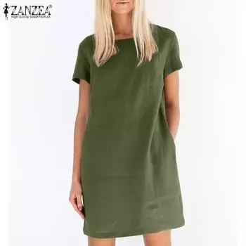 ZANZEA Женское повседневное однотонное летнее платье с круглым вырезом и коротким рукавом XL тёмно-синий