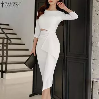 ZANZEA женское платье-карандаш Vestidos с рукавом 3/4 элегантное повседневное облегающее платье миди для похудения