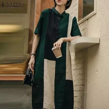 ZANZEA Женское платье прямого кроя с короткими рукавами и воротником-стойкой контрастного цвета S зелёный