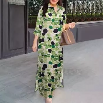 ZANZEA Женское платье-рубашка с отложным воротником, длинными рукавами, свободного кроя и принтом S зелёный
