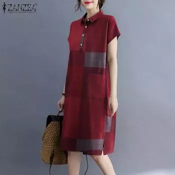 ZANZEA Женское платье-рубашка с отложным воротником и коротким рукавом в клетку M жёлтый