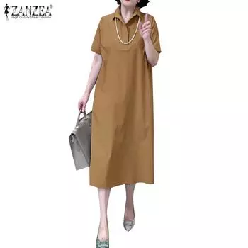 ZANZEA Женское платье-рубашка с отложным воротником и коротким рукавом 2XL розовый