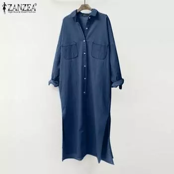 ZANZEA Женское платье-рубашка с отложным воротником и длинными рукавами S темно-синий