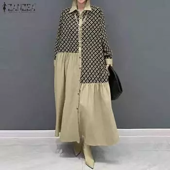 ZANZEA Женское платье-рубашка с принтом в стиле пэчворк и отложным воротником с длинными рукавами S коричневый