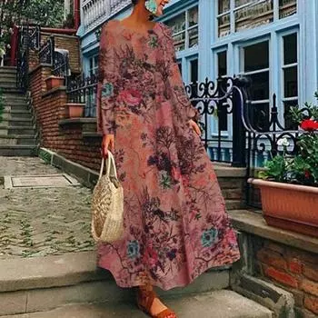 ZANZEA Женское платье с цветочным принтом Весеннее повседневное мешковатое длинное платье с круглым вырезом и длинными рукавами