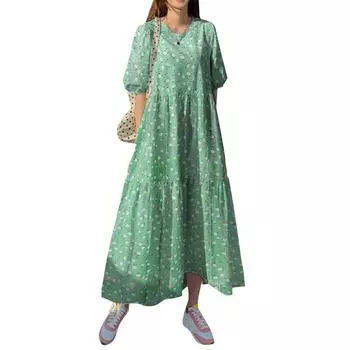 ZANZEA женское платье с круглым вырезом и короткими рукавами, летнее модное повседневное длинное платье с цветочным принтом S зелёный