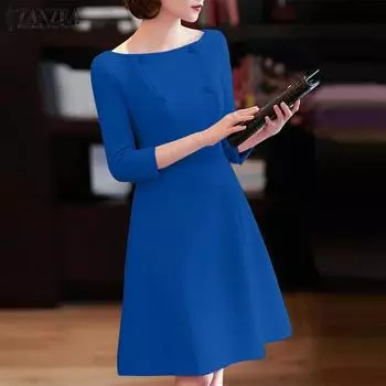 ZANZEA Женское платье с круглым вырезом, семью рукавами и подолом