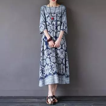 ZANZEA женское платье с круглым вырезом и рукавами 3/4, летнее винтажное свободное хлопковое длинное платье с принтом M цветочный