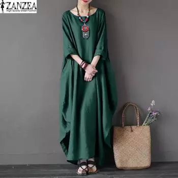 ZANZEA женское платье с круглым вырезом и рукавами 3/4, летнее винтажное повседневное хлопковое длинное платье размера плюс 5XL 3XL чёрный