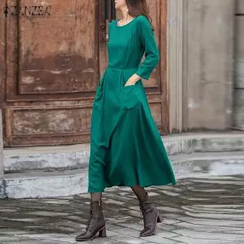 ZANZEA женское платье с круглым вырезом, рукавами 9/10, талией, сборными карманами на талии, однотонное платье по краю