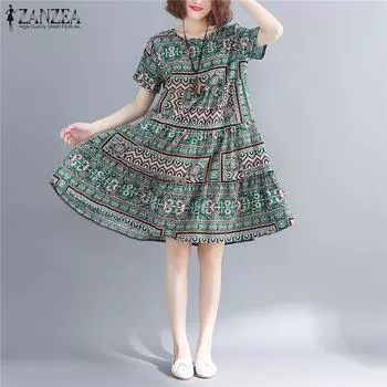 ZANZEA женское платье с круглым вырезом и короткими рукавами, летнее винтажное свободное хлопковое платье с принтом