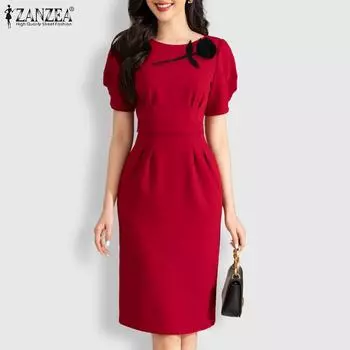 ZANZEA Женское платье с круглым вырезом и короткими рукавами с декоративным цветочным принтом 5XL чёрный