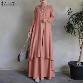 ZANZEA Женское платье с круглым вырезом и длинным рукавом Мусульманская мода Свободное длинное платье 4XL розовый