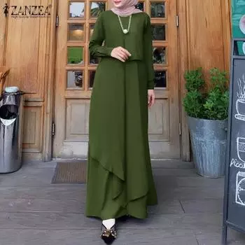 ZANZEA Женское платье с круглым вырезом и длинными рукавами, однотонное свободное повседневное платье