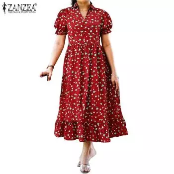 ZANZEA Женское платье свободного кроя с отложным воротником, коротким рукавом и цветочным принтом 2XL красный