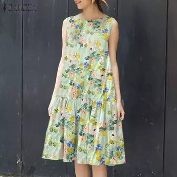 ZANZEA Женское платье свободного покроя с круглым вырезом и без рукавов, плиссированное с цветочным принтом 5XL селадоновый