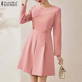 ZANZEA Женское плиссированное однотонное платье с круглым вырезом и длинными рукавами 4XL бежевый