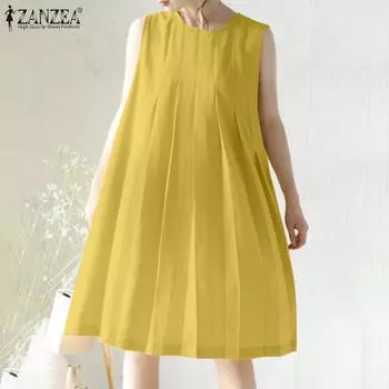 ZANZEA Женское плиссированное однотонное свободное элегантное платье без рукавов с круглым вырезом M белый