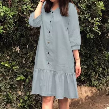 ZANZEA Женское плиссированное однотонное свободное платье с v-образным вырезом и рукавами 3/4 на пуговицах 3XL зелёный