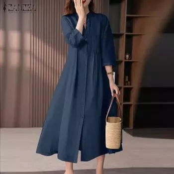 ZANZEA Женское плиссированное свободное платье с v-образным вырезом и рукавами 3/4 в полоску