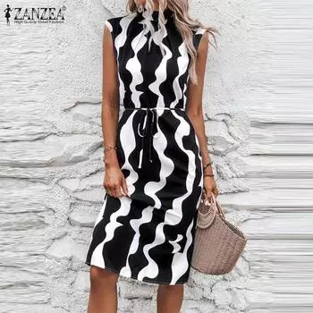 ZANZEA женское полосатое летнее повседневное платье миди без рукавов для похудения размера плюс