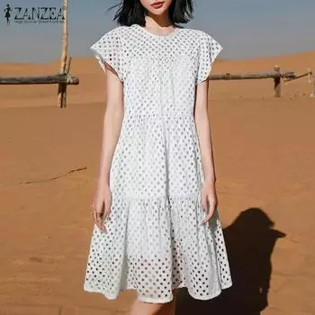 ZANZEA Женское повседневное ажурное вышитое кружевное лоскутное летнее платье с коротким рукавом S белый