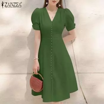 ZANZEA Женское повседневное длинное летнее платье с V-образным вырезом и коротким рукавом S розовый