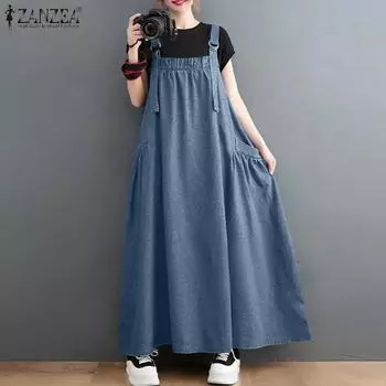 ZANZEA Женское повседневное длинное платье без рукавов на подтяжках XL светло-синий