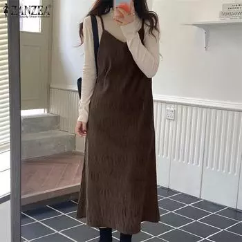 ZANZEA Женское повседневное длинное платье без рукавов с v-образным вырезом и лямками