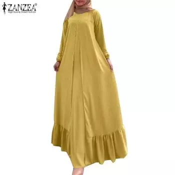 ZANZEA Женское повседневное длинное платье-кафтан с круглым вырезом и длинными рукавами S жёлтый
