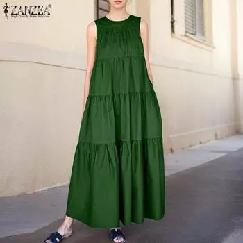 ZANZEA Женское повседневное длинное платье-майка с круглым вырезом без рукавов S темно-синий