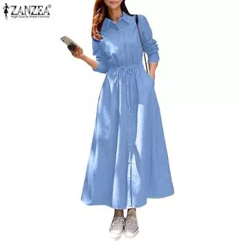 ZANZEA Женское повседневное длинное платье-рубашка с отложным воротником и длинными рукавами S темно-синий