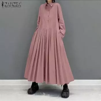 ZANZEA Женское повседневное длинное платье-рубашка с отложным воротником и длинными рукавами S серый