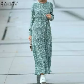 ZANZEA Женское повседневное длинное платье с отложным воротником и длинным рукавом с принтом, летнее платье