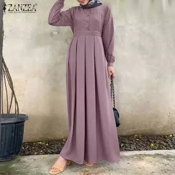 ZANZEA Женское повседневное длинное платье с круглым вырезом и длинными рукавами