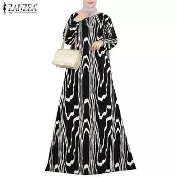 ZANZEA Женское повседневное длинное платье с круглым вырезом и длинным рукавом с принтом S чёрный